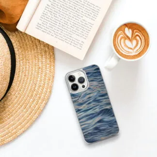Stylish iPhone case showcasing calming ocean waves in soft blues, gray hues, and a fluid watercolor technique.