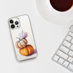 Unique clear iPhone case with stacked pumpkins watercolor design, great for fall, Halloween, or Thanksgiving lovers.