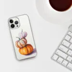 Unique clear iPhone case with stacked pumpkins watercolor design, great for fall, Halloween, or Thanksgiving lovers.