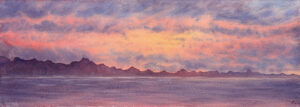 Watercolor landscape of a colorful sunset sky above the calm waters of Saint-Jacut-de-la-Mer.
