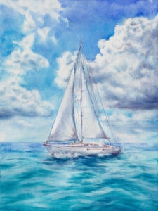 "Blue Voyage" original watercolor painting of a sailboat at sea under a cloud-filled sky, featuring calming blue ocean water, soft light reflections, and a peaceful coastal horizon — perfect nautical wall art.