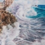 Dynamic and bold watercolor painting ‘Breaking Wave’ featuring powerful ocean waves in vibrant blue tones.