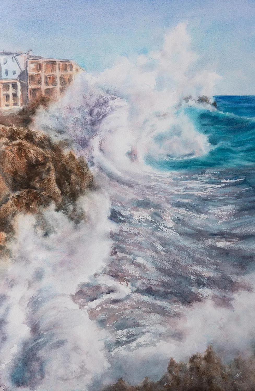 Dynamic and bold watercolor painting ‘Breaking Wave’ featuring powerful ocean waves in vibrant blue tones.