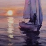 "Calmness" serene seascape sunset watercolor painting with a sailboat reflecting on tranquil ocean water, ideal for nautical and coastal decor