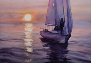 "Calmness" serene seascape sunset watercolor painting with a sailboat reflecting on tranquil ocean water, ideal for nautical and coastal decor