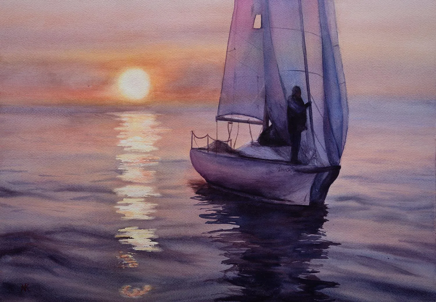 "Calmness" serene seascape sunset watercolor painting with a sailboat reflecting on tranquil ocean water, ideal for nautical and coastal decor