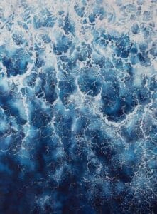 ‘Deep Blue Sea,’ an abstract watercolor seascape featuring dark ocean waves and foam details, offering depth and texture for ocean-inspired interiors.