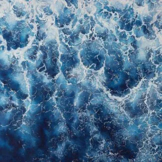 ‘Deep Blue Sea,’ an abstract watercolor seascape featuring dark ocean waves and foam details, offering depth and texture for ocean-inspired interiors.