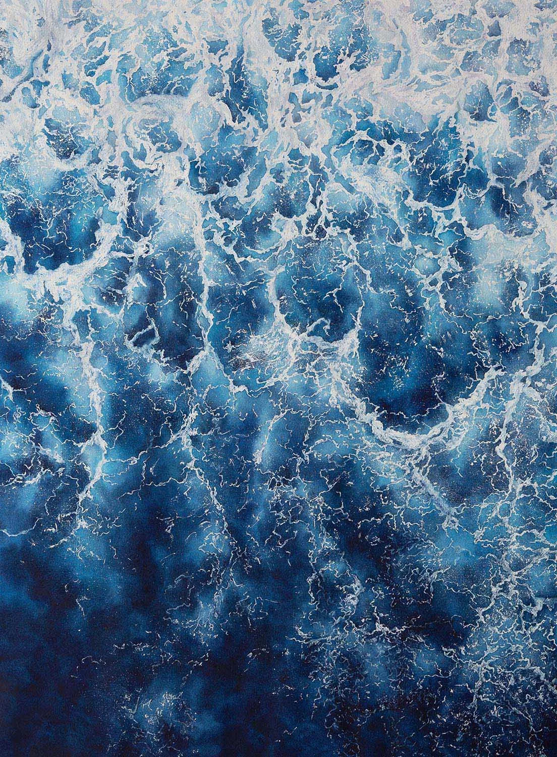 ‘Deep Blue Sea,’ an abstract watercolor seascape featuring dark ocean waves and foam details, offering depth and texture for ocean-inspired interiors.