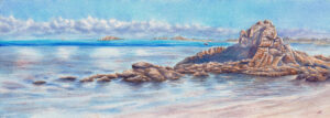 Ocean landscape painting with clear blue sky, tranquil waters, and rocky shoreline of Saint-Jacut-de-la-Mer, Brittany, France.