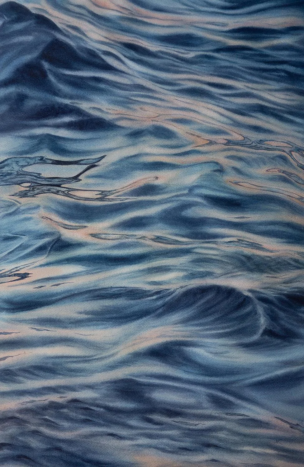 Evening Mood" watercolor painting of the ocean's water surface at sunset, with swirling blues and grays suggesting depth and peaceful ambiance