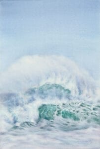 A watercolor painting titled Fresh Breath of the Ocean by Kateryna Nazarenko, featuring soft turquoise waves and airy ocean foam, capturing the light and refreshing essence of the sea.