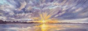 Watercolor ocean painting with sun rays breaking through clouds above a quiet shoreline f Saint-Jacut-de-la-Mer, France.