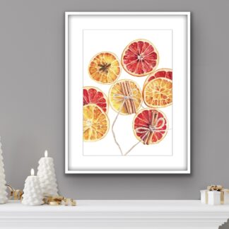 Christmas watercolor art print with oranges