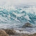 In shades of blue and grey, watercolor on paper, 38x56 cm