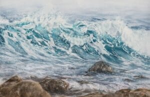 In shades of blue and grey, watercolor on paper, 38x56 cm