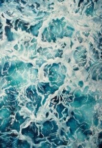 'My Heart Belongs to the Sea' artwork, depicting peaceful ocean waves in soft blue and green tones, reflecting tranquility and emotional depth.