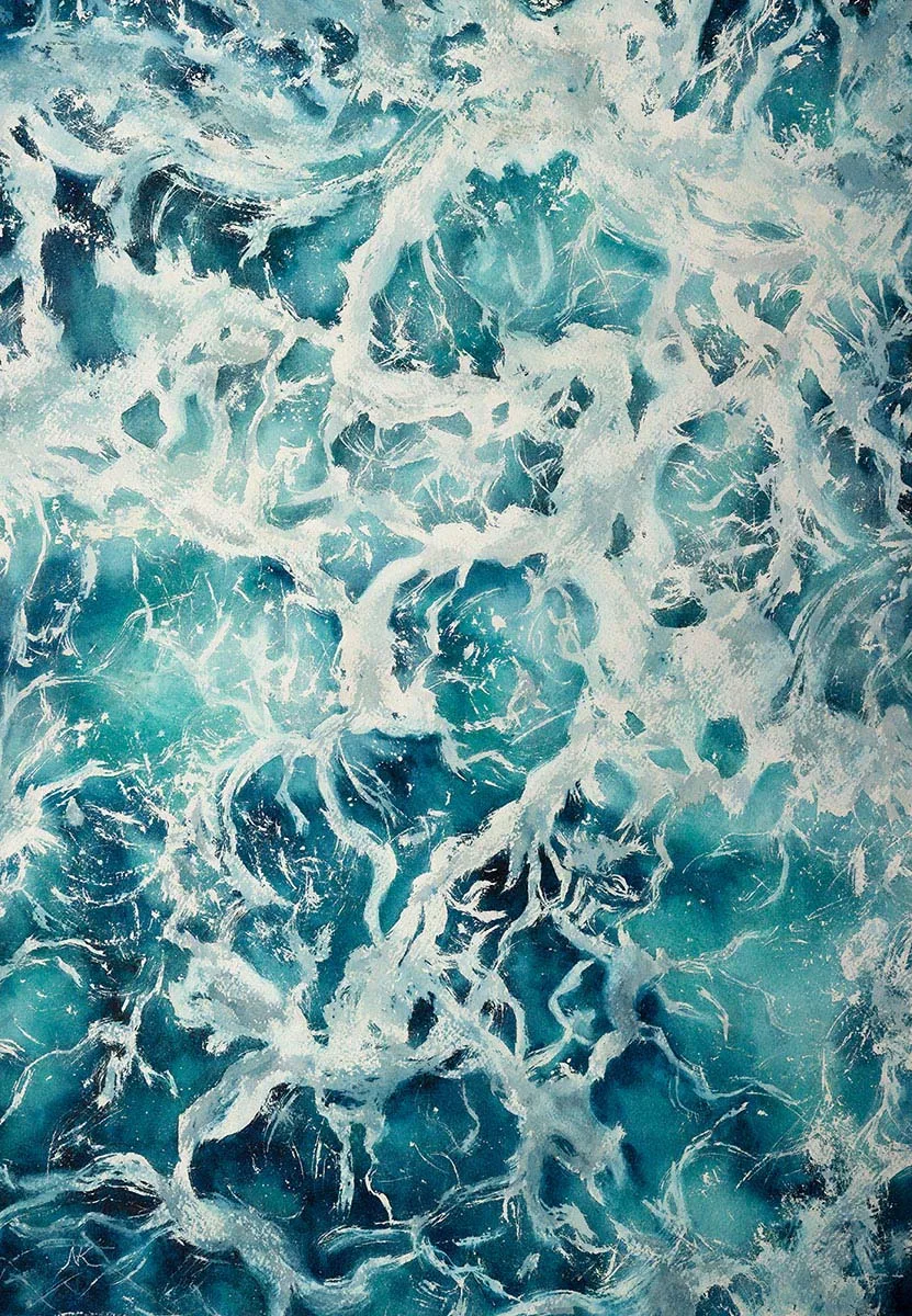 'My Heart Belongs to the Sea' artwork, depicting peaceful ocean waves in soft blue and green tones, reflecting tranquility and emotional depth.