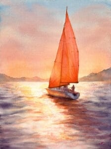 Vibrant watercolor painting Sailing into the Sunset featuring a glowing sailboat drifting on golden waters, capturing the tranquility of the sea at dusk.