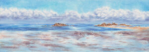 Watercolor seascape painting with crystal-clear sea, coastal rocks, and bright summer sky inspired by Saint-Jacut-de-la-Mer, Brittany, France