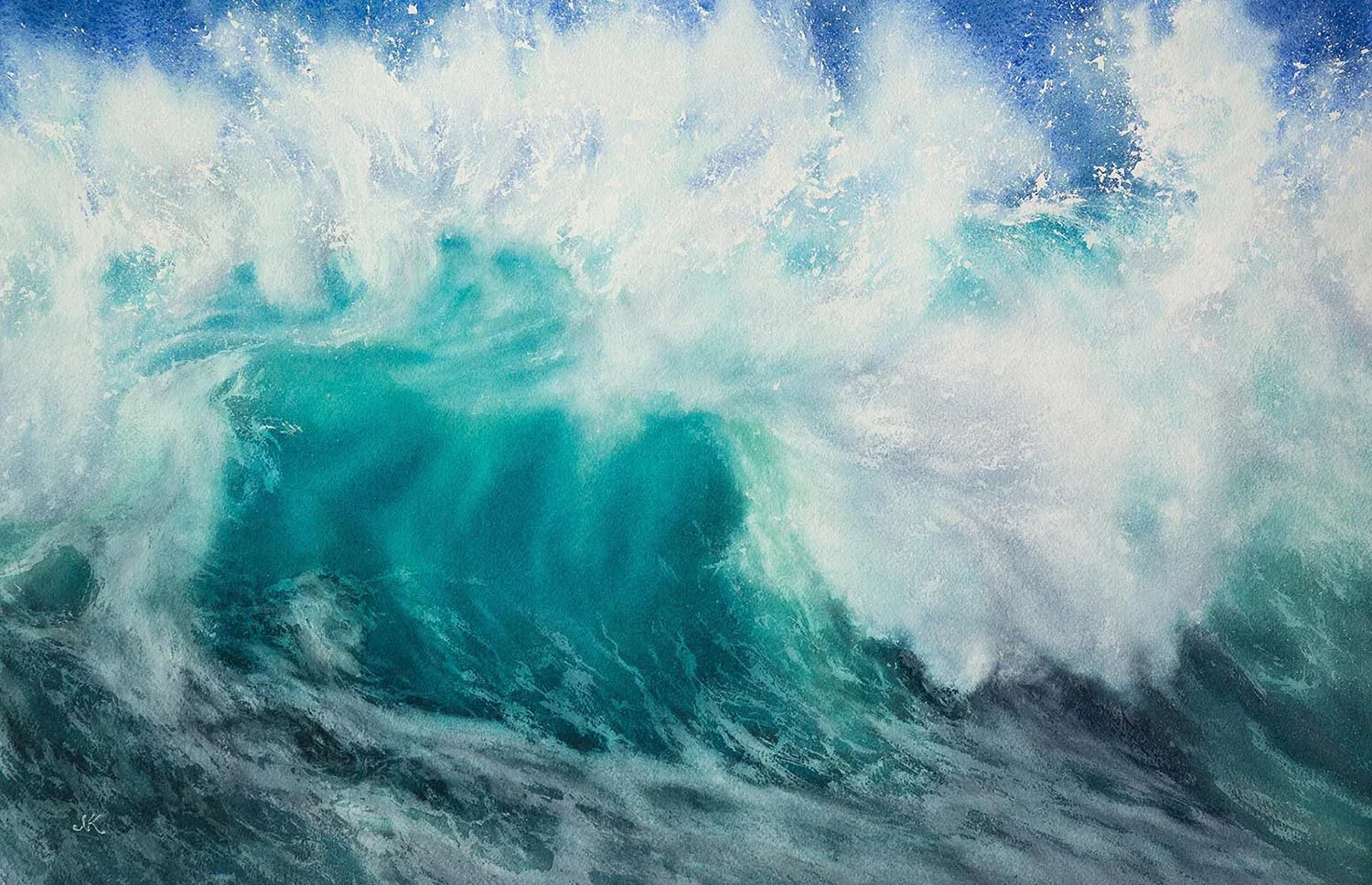 Softness – Original watercolor painting of a turquoise wave in the ocean, capturing the calming, peaceful nature of the sea.