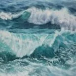 ‘Storm’ watercolor painting by Kateryna Nazarenko, featuring powerful ocean waves in dynamic blue tones.
