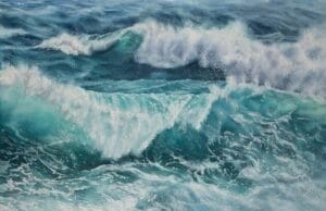 ‘Storm’ watercolor painting by Kateryna Nazarenko, featuring powerful ocean waves in dynamic blue tones.