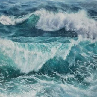 ‘Storm’ watercolor painting by Kateryna Nazarenko, featuring powerful ocean waves in dynamic blue tones.