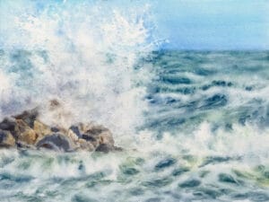 "Stormy Tide Rush" is a dynamic watercolor painting of crashing ocean waves in deep blues, grays, and foamy whites, capturing the raw power of the sea.
