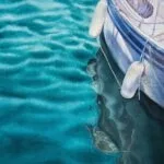 "Summer Memories" watercolor painting featuring a serene yacht sailing across calm green ocean waters, captured with soft brushstrokes to evoke a peaceful and tranquil sea ambiance.