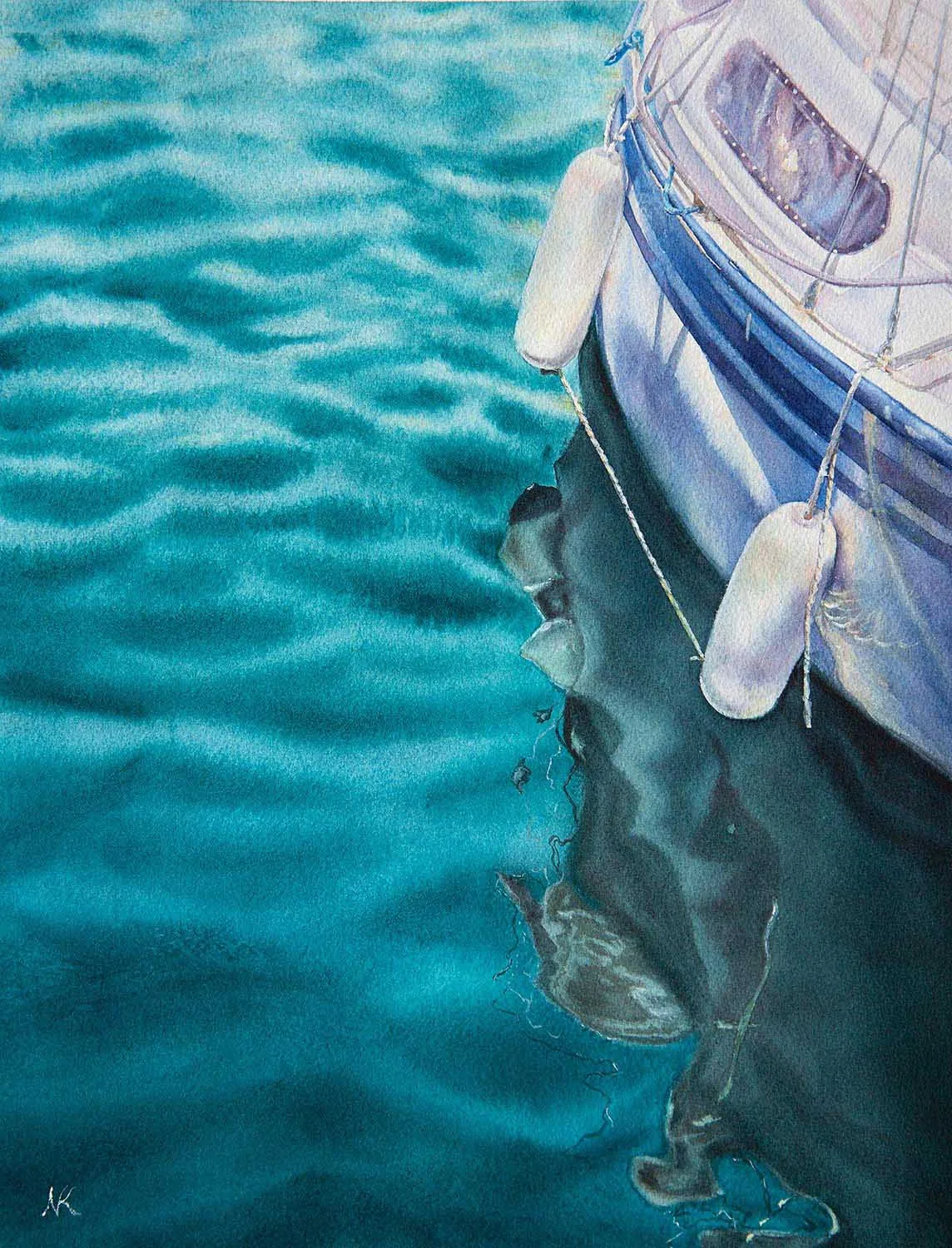 "Summer Memories" watercolor painting featuring a serene yacht sailing across calm green ocean waters, captured with soft brushstrokes to evoke a peaceful and tranquil sea ambiance.