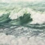 ‘Summertime’ – Original watercolor painting of powerful summer waves with swirling green and turquoise hues, evoking the ocean’s raw beauty and movement.