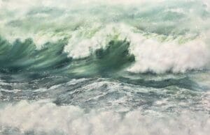 ‘Summertime’ – Original watercolor painting of powerful summer waves with swirling green and turquoise hues, evoking the ocean’s raw beauty and movement.