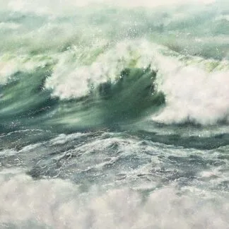 ‘Summertime’ – Original watercolor painting of powerful summer waves with swirling green and turquoise hues, evoking the ocean’s raw beauty and movement.