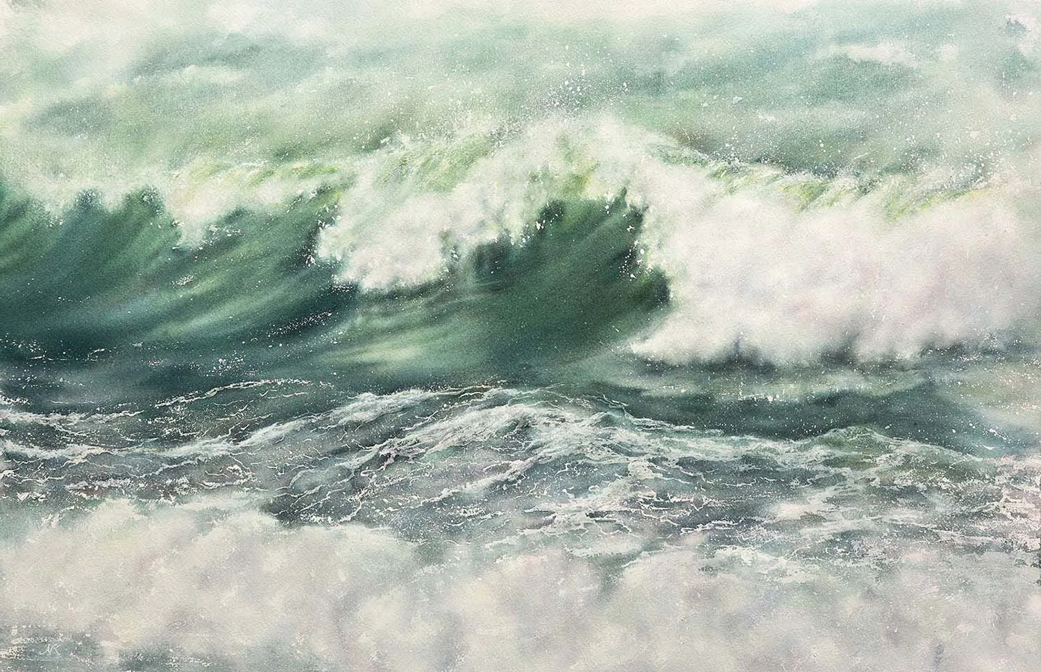 ‘Summertime’ – Original watercolor painting of powerful summer waves with swirling green and turquoise hues, evoking the ocean’s raw beauty and movement.