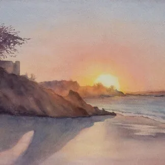 Sunset at the ocean, watercolor on paper, 25x56 cm