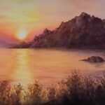 'Sunset on the Corsica Coast,' a watercolor painting capturing the golden light of a Corsican sunset with serene coastal details.