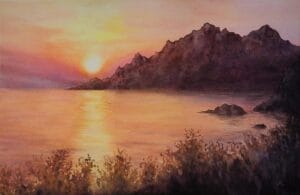 'Sunset on the Corsica Coast,' a watercolor painting capturing the golden light of a Corsican sunset with serene coastal details.