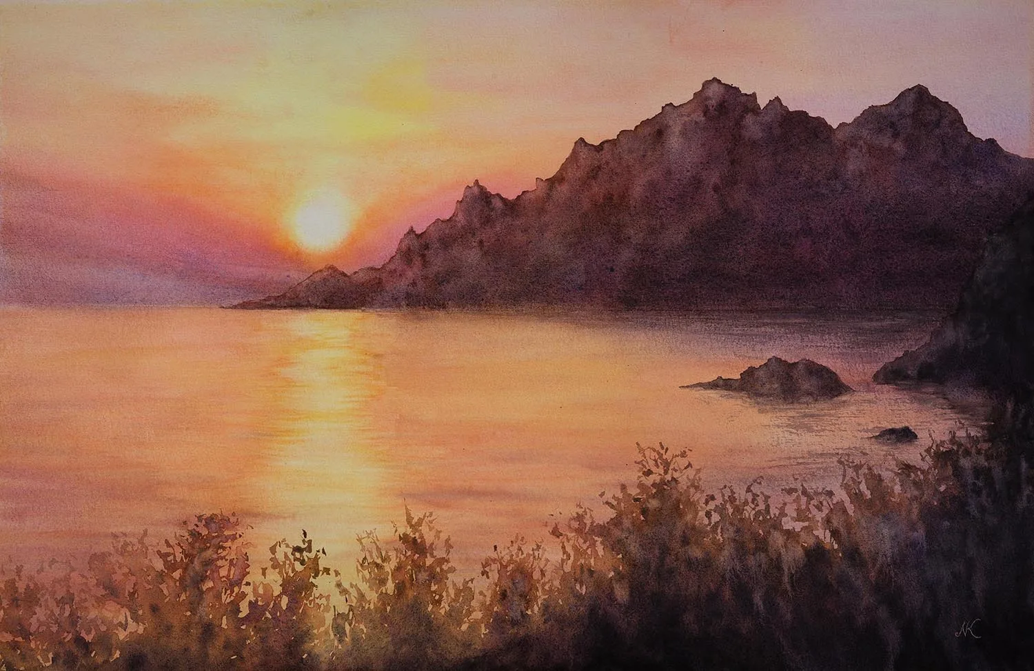 'Sunset on the Corsica Coast,' a watercolor painting capturing the golden light of a Corsican sunset with serene coastal details.