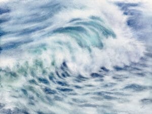 "Whispering Wave" is a calming watercolor painting of ocean waves, featuring soft blue, turquoise, and white tones. It captures the serene rhythm and misty foam of the sea, creating a peaceful, coastal-inspired atmosphere. Perfect for ocean lovers, this artwork brings tranquility and natural beauty to any space.