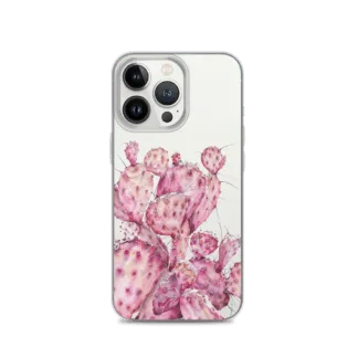 Eco-friendly iPhone case featuring a pink opuntia cactus painting, perfect for those who love botanical art and contemporary desert flora.