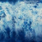 Ocean Blues watercolor painting by Kateryna Nazarenko, featuring abstract ocean waves and foam details in serene blue tones.