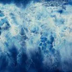 Ocean Blues watercolor painting by Kateryna Nazarenko, featuring abstract ocean waves and foam details in serene blue tones.