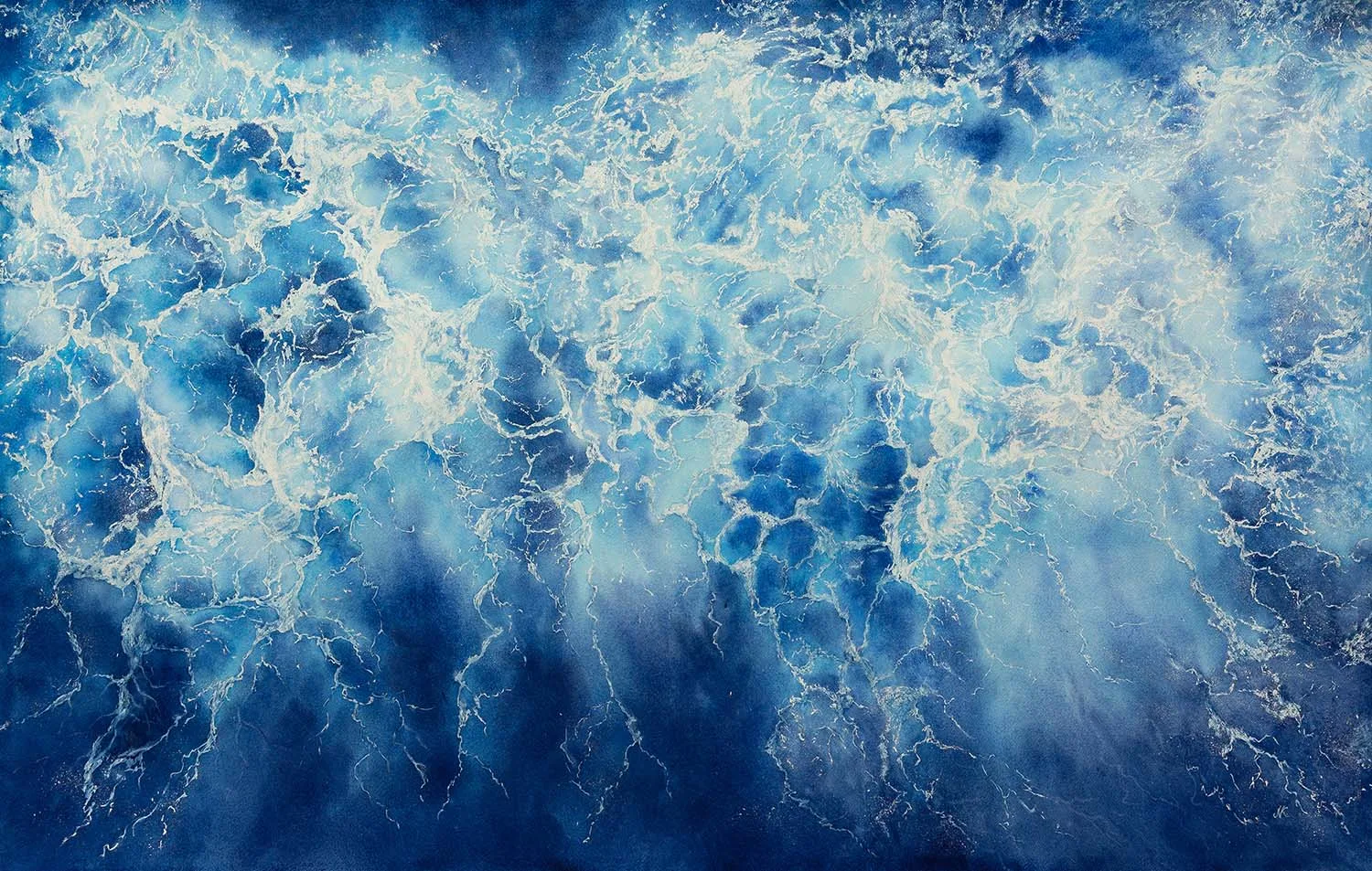 Ocean Blues watercolor painting by Kateryna Nazarenko, featuring abstract ocean waves and foam details in serene blue tones.