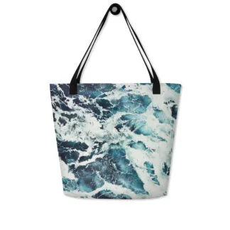 Beach Bag with an abstract print of the deep blue ocean water painting ‘Music of the sea. Rhytm”.