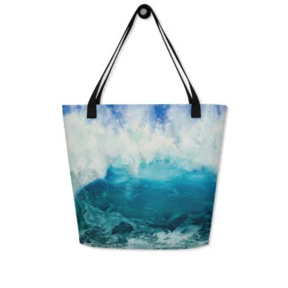 Beach Bag with the print of the bright blue ocean wave “Through the light”.