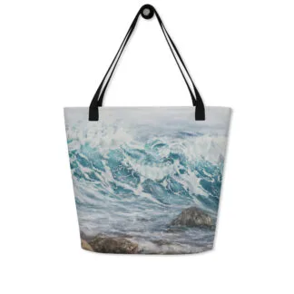 Beach Bag with the large ocean wave print “In shades of blue and grey”.