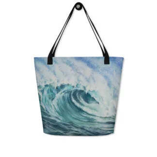 Beach Bag with a print of the large blue and green ocean wave painting “Whirlpool of serenity”.