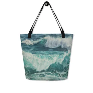 Beach Bag with a print of the large turquoise blue and green ocean wave “Storm”.