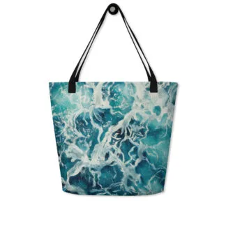 Beach Bag with an abstract print of the blue and green ocean water
